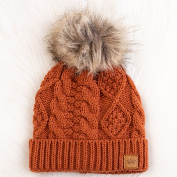 Accessories - SOLD OUT Rust Orange Cable Knit Faux Fur Pompom Fleece Lined Women's Winter Hat